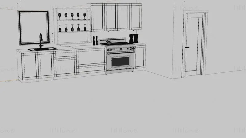 Modelo 3D de gabinete de cocina minimalista sin tiradores