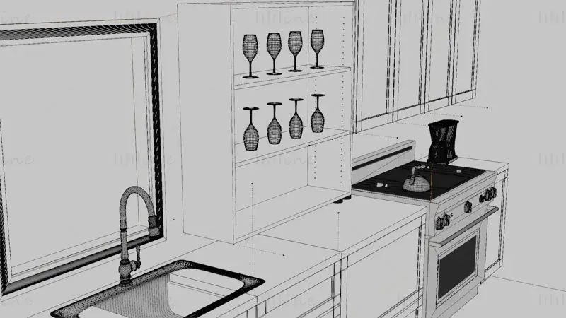 Минималистский кухонный шкаф без ручек 3D модель