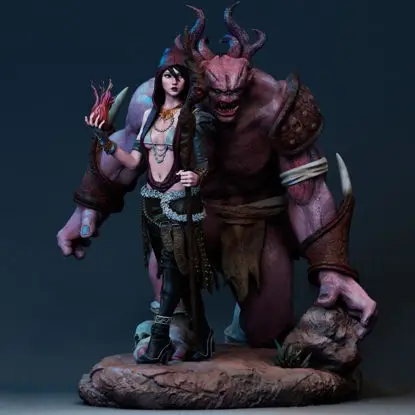 Fișier STL cu model de imprimare 3D Morrigan și Monster „Dragon Age”.