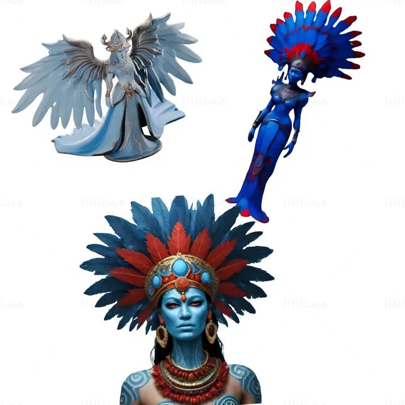 Colección de modelos de impresión 3D de diosas míticas guerreras aladas y con tocados de plumas