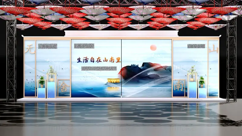 New Chinese-Style Real Estate Marketing Booth, Landscape Artistic Conception & Oil-Paper Umbrella Ceiling Commercial Scene 3D Model