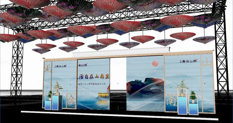 New Chinese-Style Real Estate Marketing Booth, Landscape Artistic Conception & Oil-Paper Umbrella Ceiling Commercial Scene 3D Model