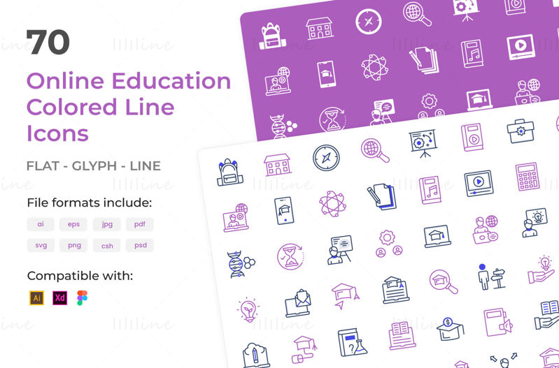 Online oktatás és tanulás színes vonal ikonok