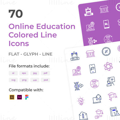 Çevrimiçi Eğitim ve Öğrenme Renkli Satır Simgeleri