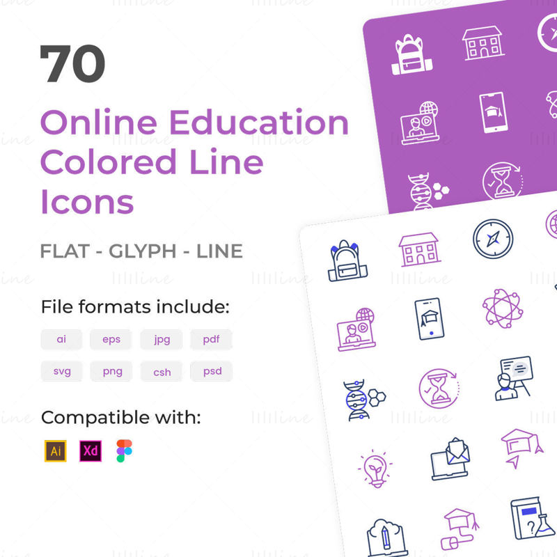 Ícones de linha colorida de educação e aprendizagem on-line