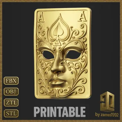 Modello di stampa 3D di maschera con asso di picche di carta da gioco decorata