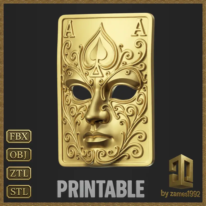 Modello di stampa 3D di maschera con asso di picche di carta da gioco decorata