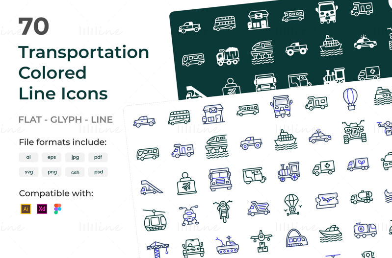 Pack van transport gekleurde lijn iconen