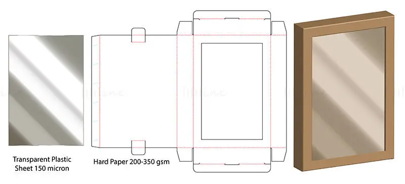 Packaging box with transparent plastic sheet dieline vector