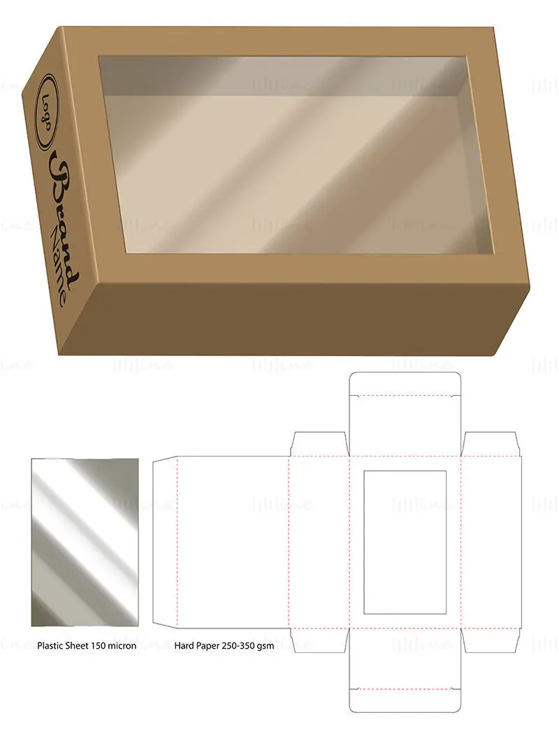 Packing box with single sided transparent plastic sheet dieline vector