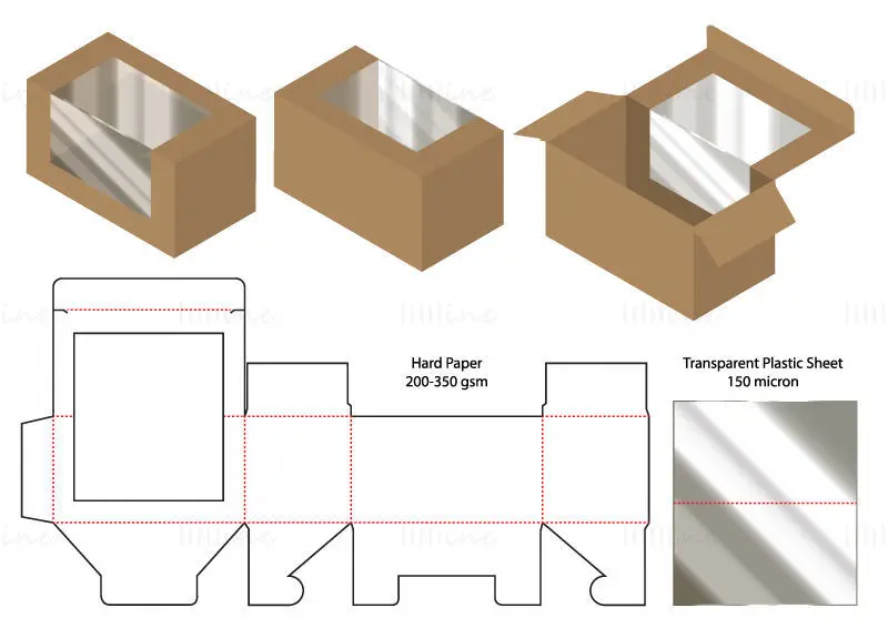 Produktverpackungsbox mit durchsichtigem Kunststoff-Anzeigebereich, Stanzlinienvektor