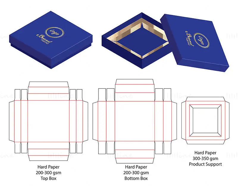 Produktverpackungsbox mit Deckel, Produktunterstützung, Stanzlinienvektor