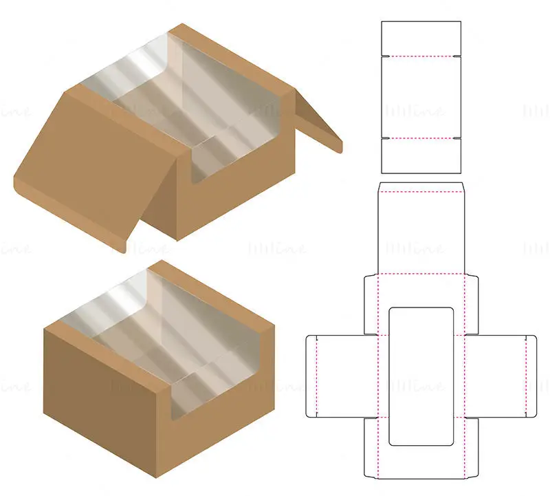 Product packaging box with transparent display area dieline vector