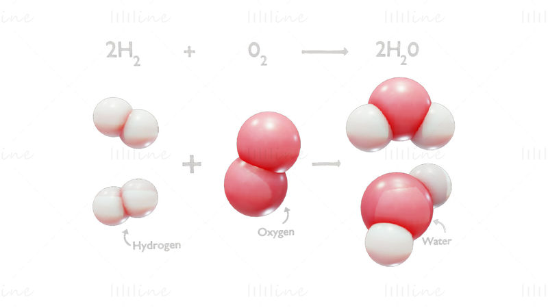 Reaksjon av hydrogen og oksygen til vann 3D-modell