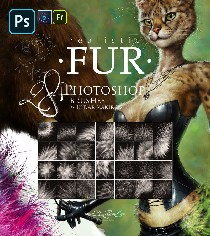 Realistisk FUR: 28 børster for Photoshop, PS Elements og Adobe Fresco