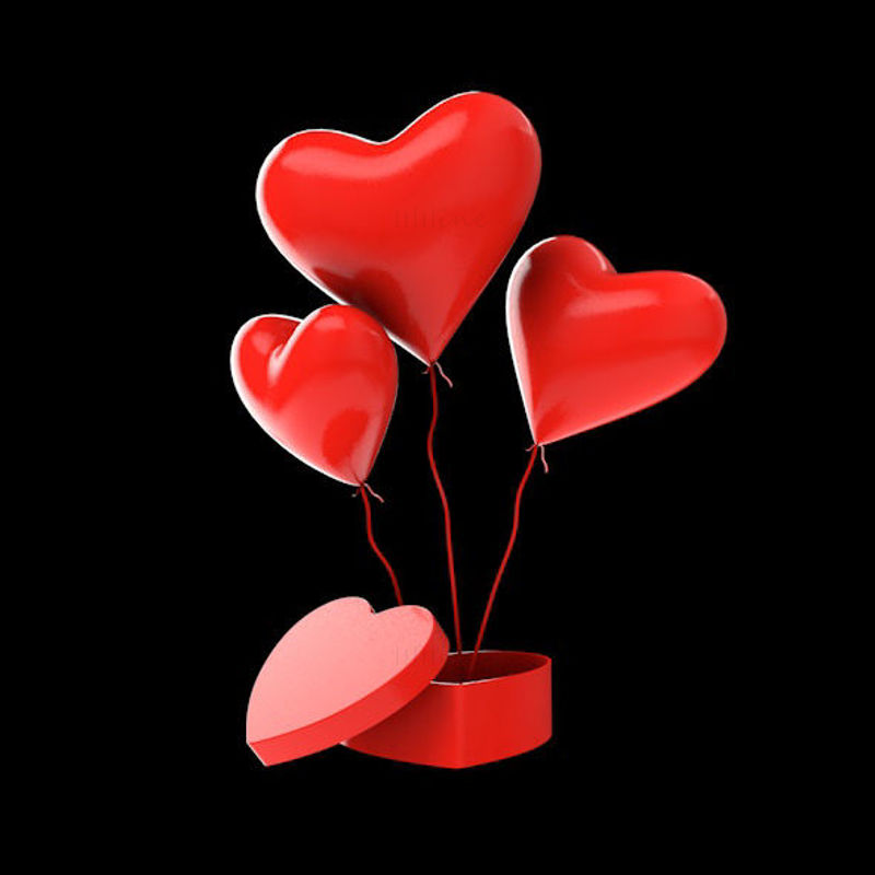 Kırmızı kalp balon ve kutu mevcut 3D model