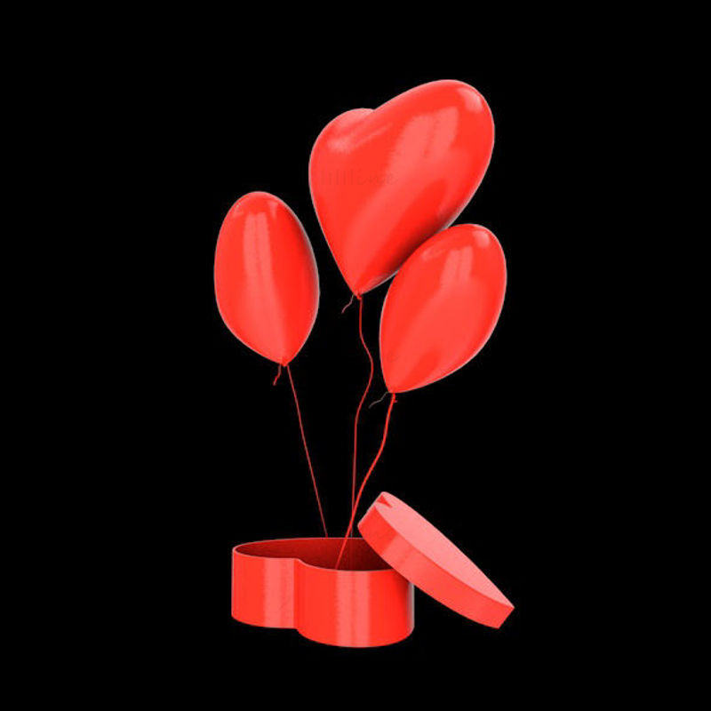 Червен балон сърце и кутия представят 3D модел