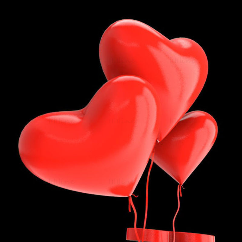 Rød hjerteballong og boks presenterer 3D-modell