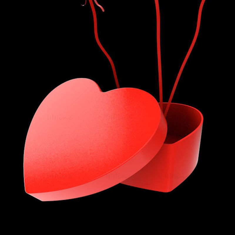 Rød hjerteballong og boks presenterer 3D-modell