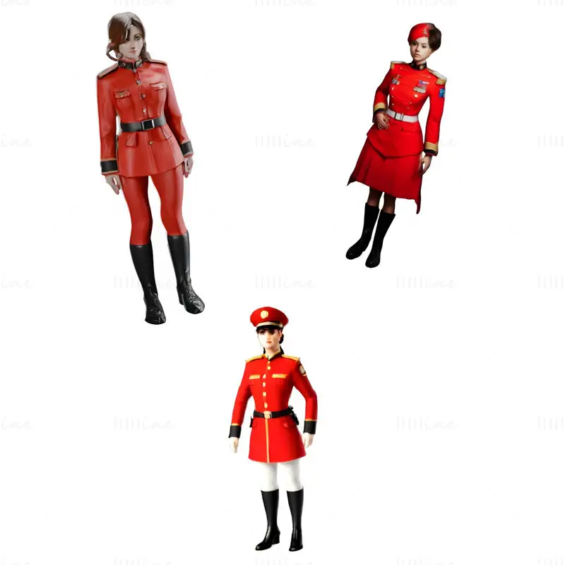 Rotes weibliches Charakter-Modell in Militäruniform, 3D-Druck