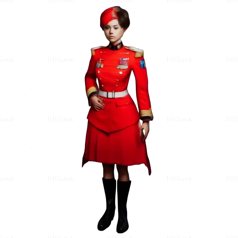 Rotes weibliches Charakter-Modell in Militäruniform, 3D-Druck