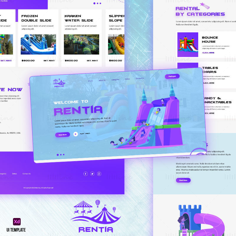 Șablon de interfață Rentia - Șablon de pagină de destinație pentru site-ul companiei de echipamente pentru teren de joacă Adobe XD