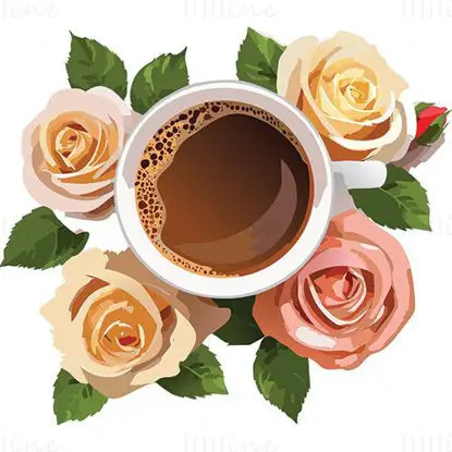 Rosas e uma xícara de café vetor