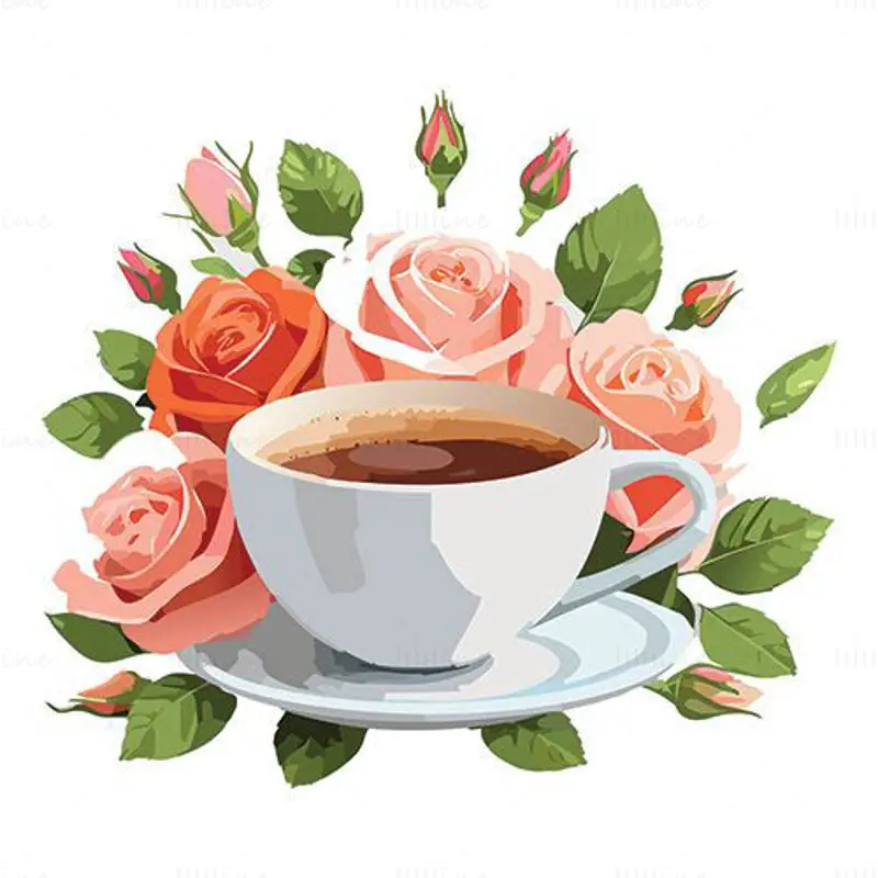 Rosas e uma xícara de café vetor