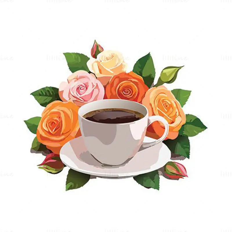 Rosas e uma xícara de café vetor