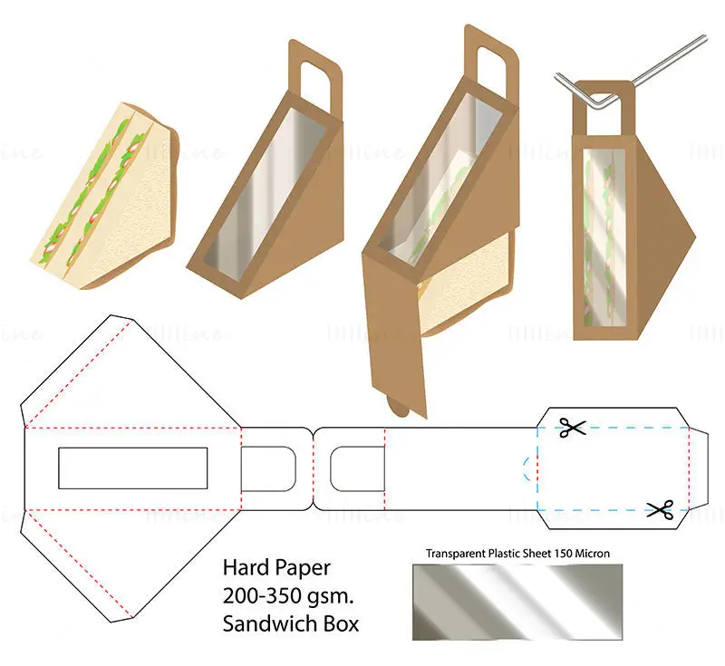 Sandwich packaging box with hanging hole dieline vector