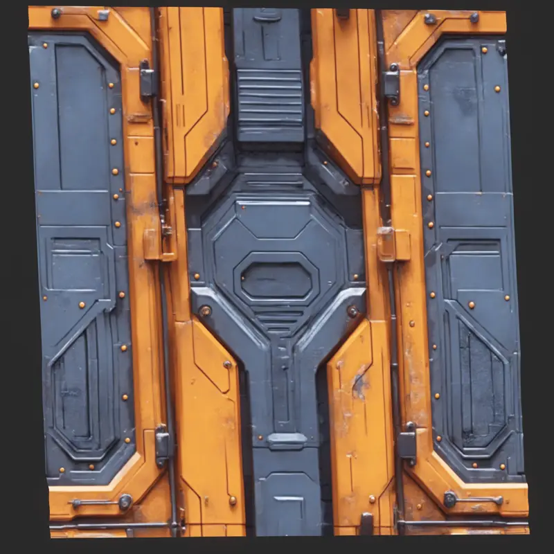 Бесшовная текстура научно-фантастического оранжевого металлического космического корабля