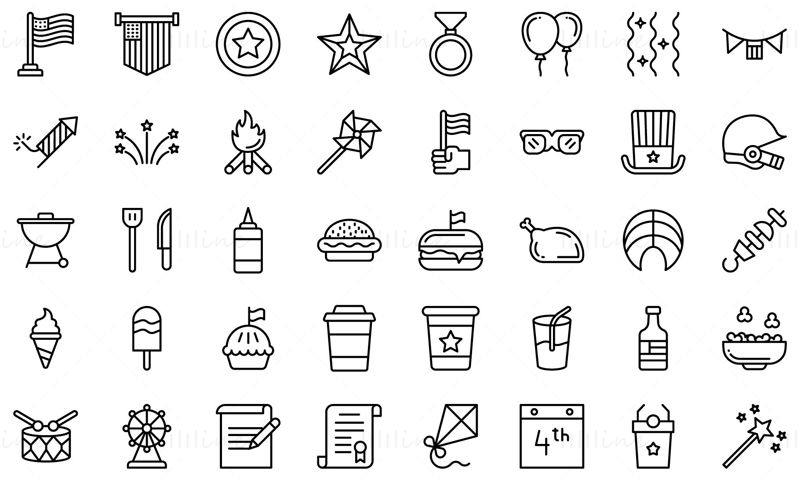 Conjunto de vectores de iconos de línea de color del 4 de julio