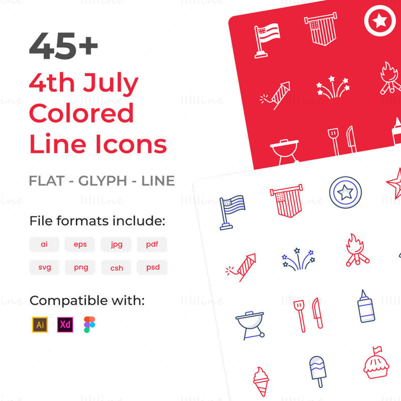 Conjunto de vetores de ícones de linha colorida de 4 de julho