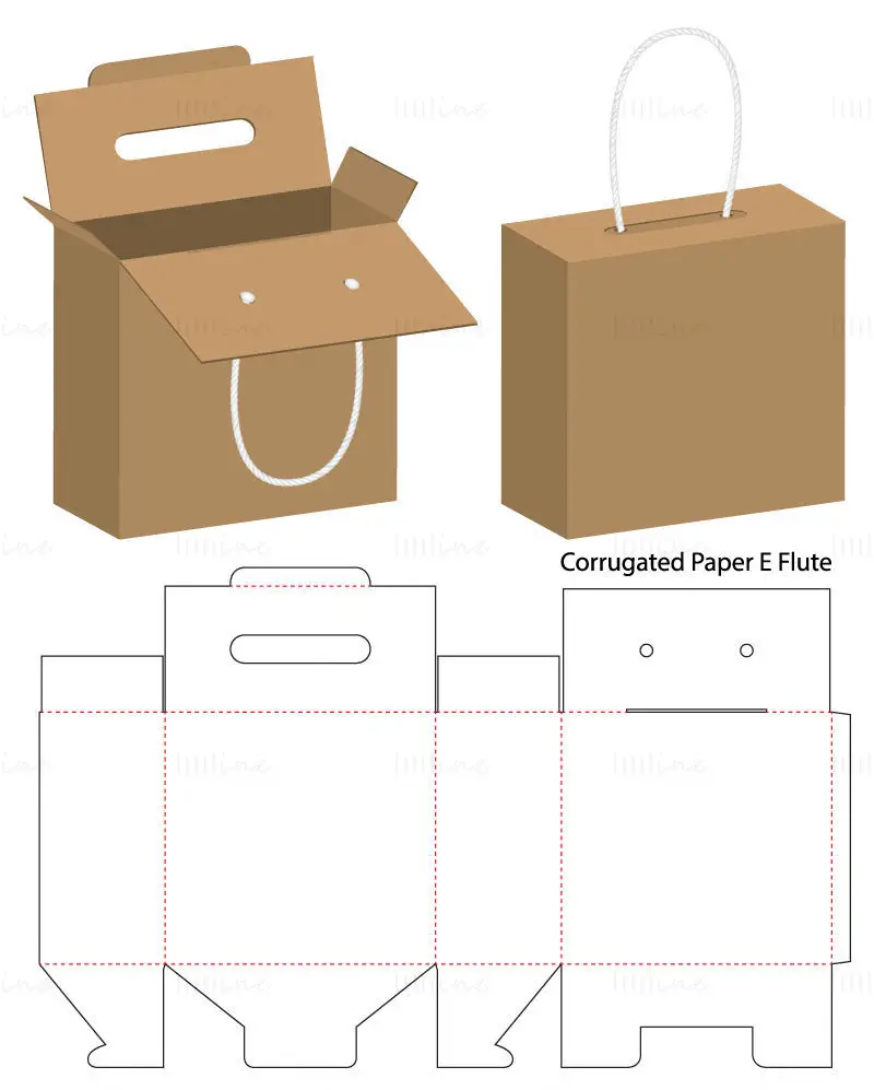 Tragbare Verpackungsbox mit Einzelseil, Dieline-Vektor