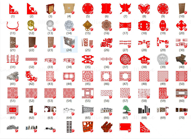 Колекция модели sketchup с китайски елементи, изрязани от хартия
