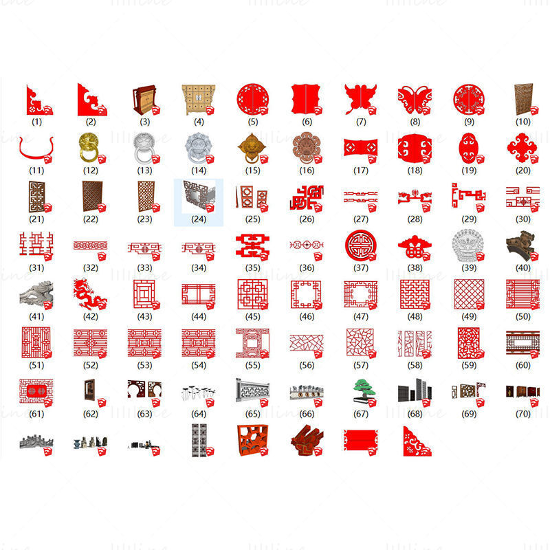 Коллекция моделей Sketchup, вырезанных из бумаги, китайский элемент