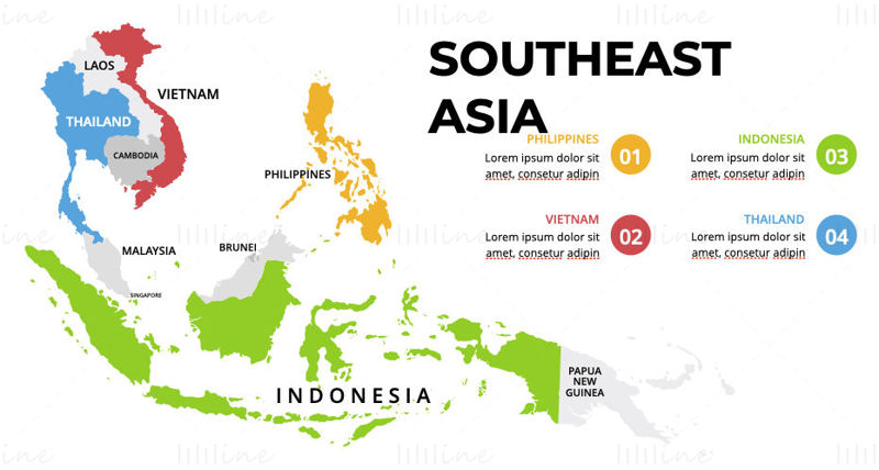 Mapa de infografías del Sudeste Asiático editable PPT y Keynote