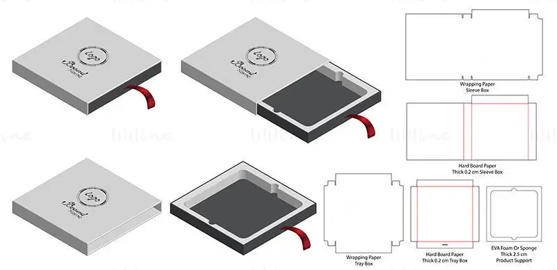 Square drawer box with product support dieline vector