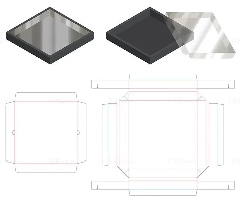 Square packaging box with plastic lid dieline vector