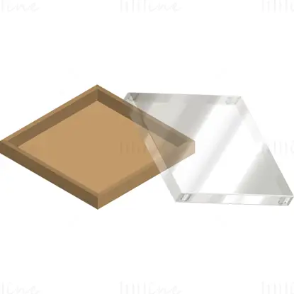 Square shallow packaging box with transparent plastic lid dieline vector