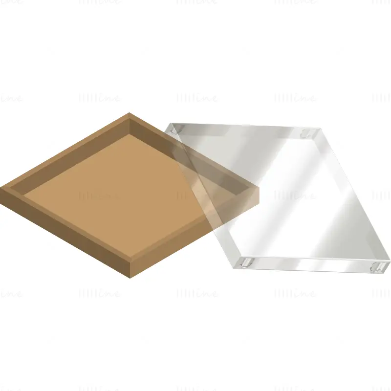 Square shallow packaging box with transparent plastic lid dieline vector