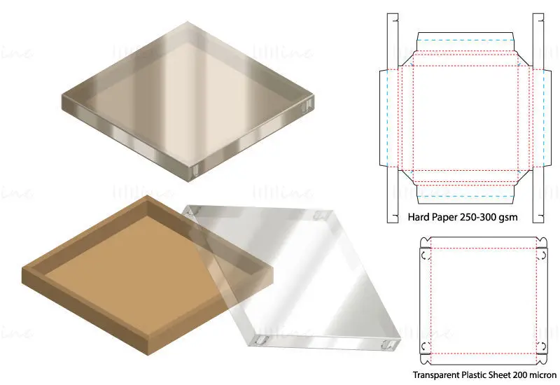 Square shallow packaging box with transparent plastic lid dieline vector