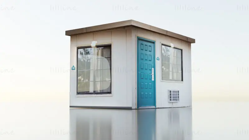 Teal Wooden Door Beside Window 3D Model