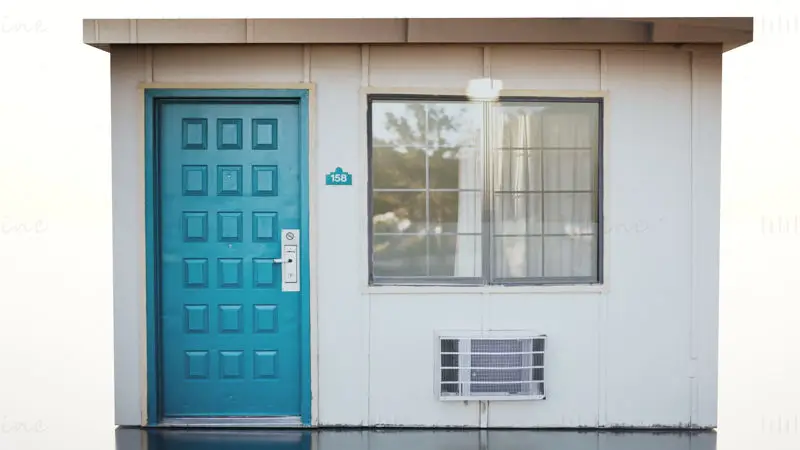 Teal Wooden Door Beside Window 3D Model