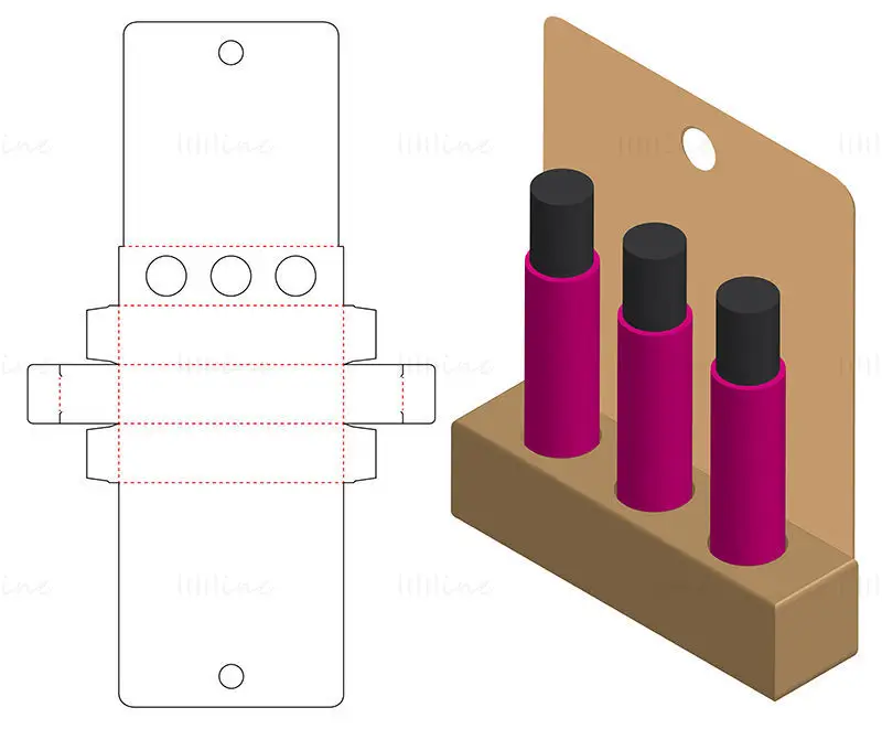 Three lipstick packaging box dieline vector