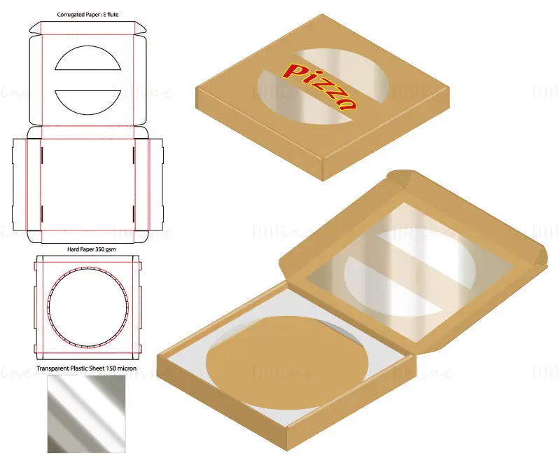 Transparent lid pizza box dieline vector