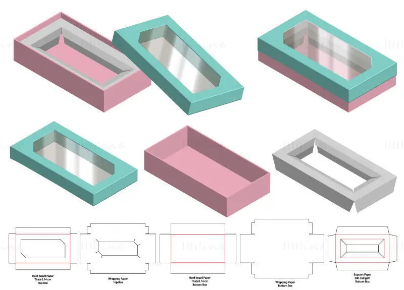 Transparent lid rectangular gift box dieline vector