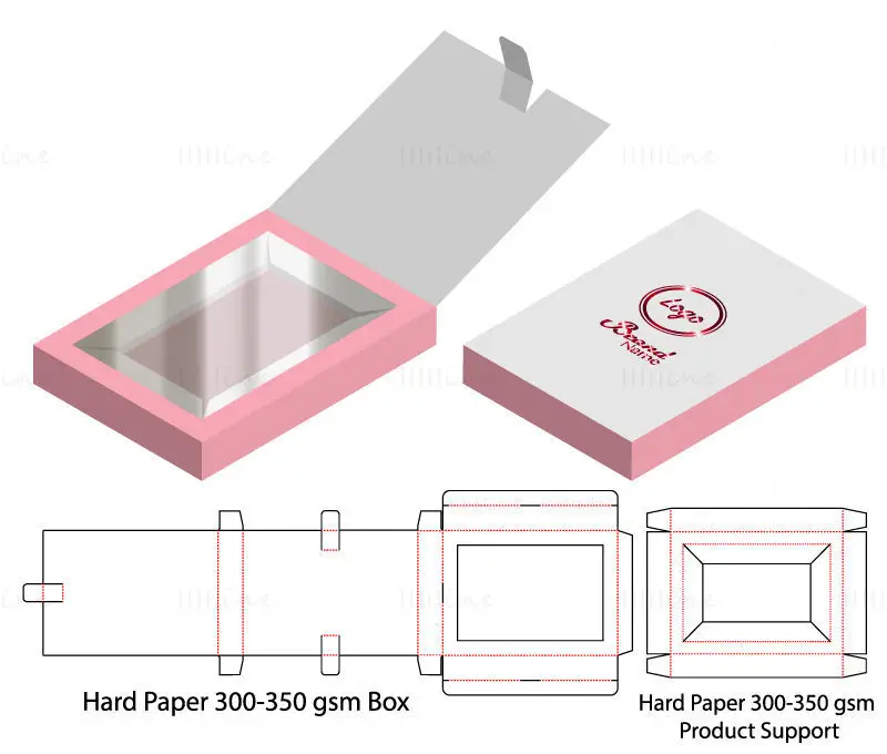 Transparent plastic clamshell packaging box with product support dieline vector