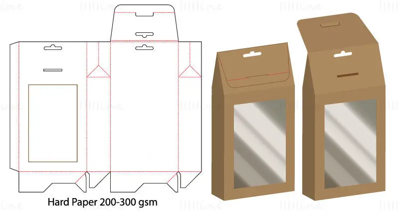 Transparent plastic packaging box with hanging hole dieline vector