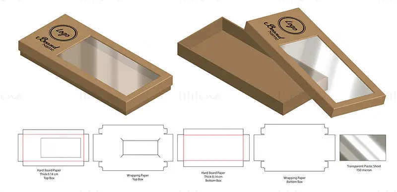 Transparent window product packaging lid and box dieline vector